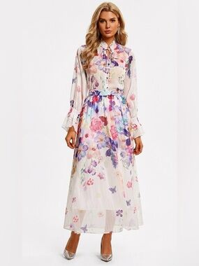 Floral Butterfly Chiffon Set Skirt and Top Size Medium (fits Small)